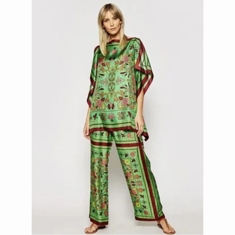 Tory Burch Silk Scarf Caftan Top Green Splash Size Small